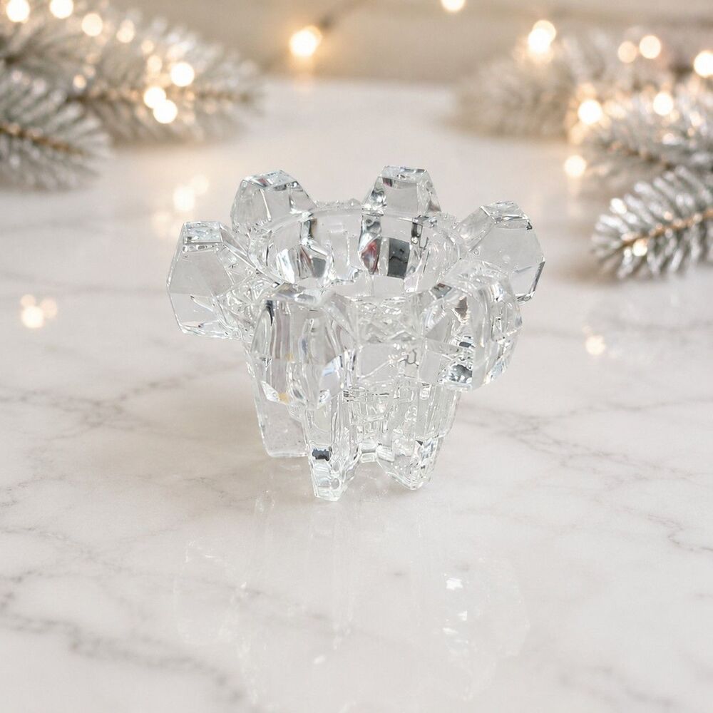 Vintage Clear Crystal Snowflake Tealight Candle Holder – 2.5” Holiday Décor